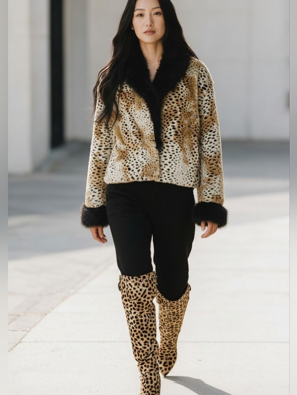 Donna Salyers Fabulously Furs Leopard Faux Fur Jacket Coat Glam Luxe Sz M